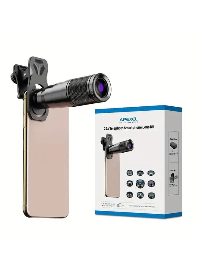 Black Apexel 10 In 1 Smartphone Lens Kit With Clip 22X Telephoto Fisheye Wide Angle Macro - Image 2