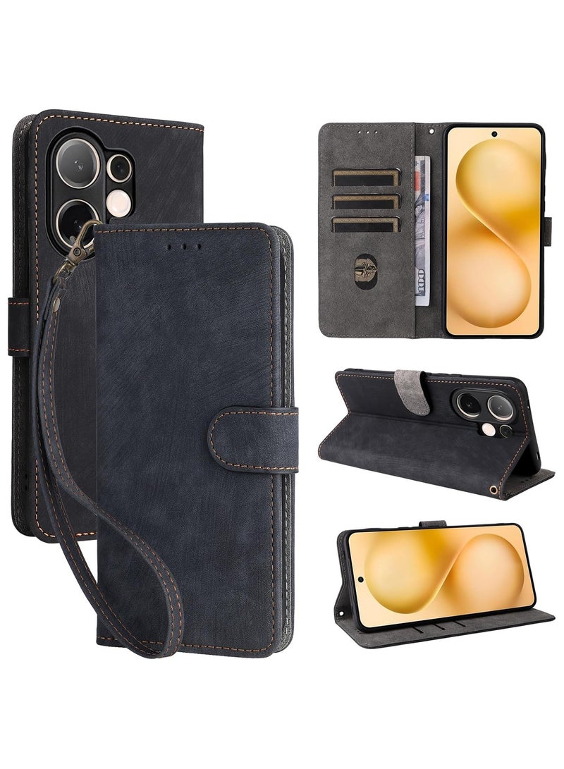 For Vivo V60 Flip Cover with Detachable Lanyard, PU Leather Full Body Protection Shockproof Flip Mobile Phone Case, RFID Anti-theft Brush Folio Wallet Case - Image 1