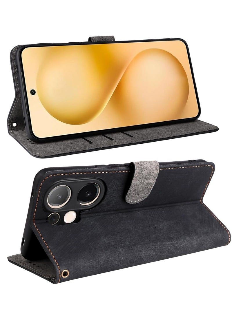 For Vivo V60 Flip Cover with Detachable Lanyard, PU Leather Full Body Protection Shockproof Flip Mobile Phone Case, RFID Anti-theft Brush Folio Wallet Case - Image 2