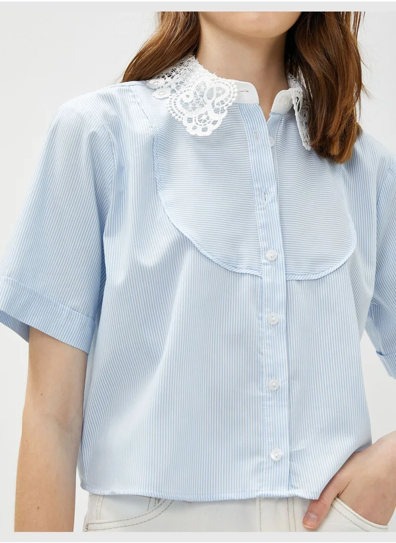 KOTON Lace Neck Short Sleeve Crop Shirt