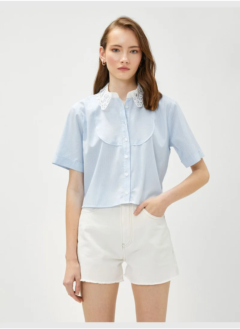 KOTON Lace Neck Short Sleeve Crop Shirt