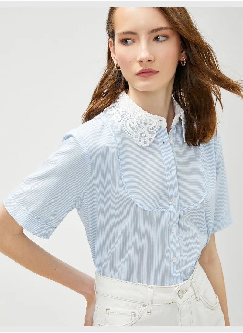 KOTON Lace Neck Short Sleeve Crop Shirt