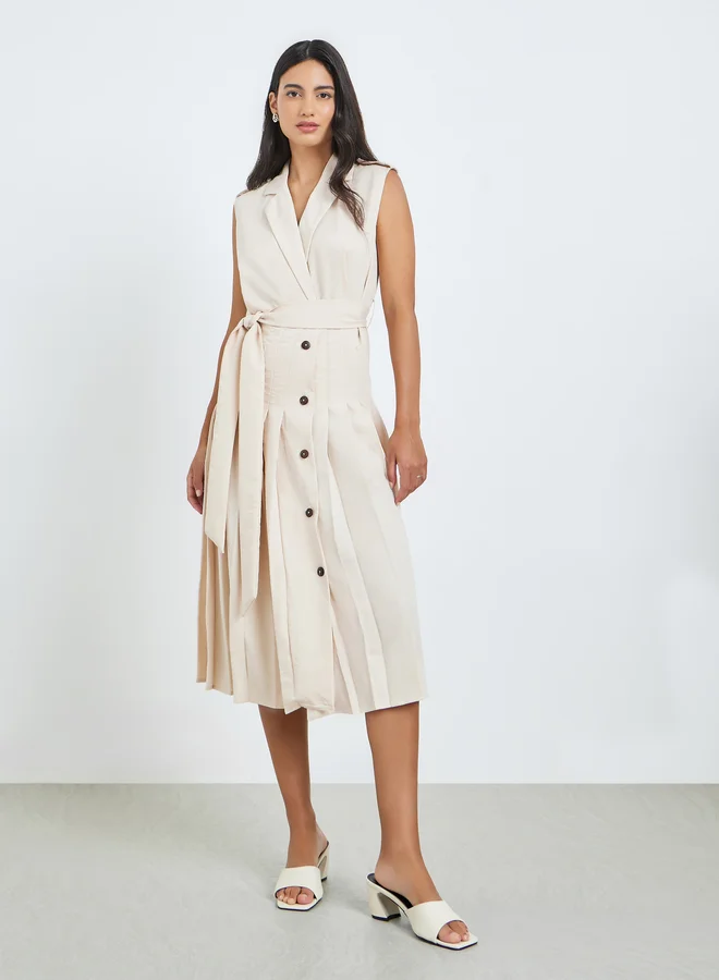 Styli  Beige Blazer Midi Dress with Tie Up Belt for Women | Best Price UAE