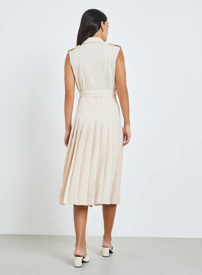 Styli  Beige Blazer Midi Dress with Tie Up Belt for Women | Best Price UAE