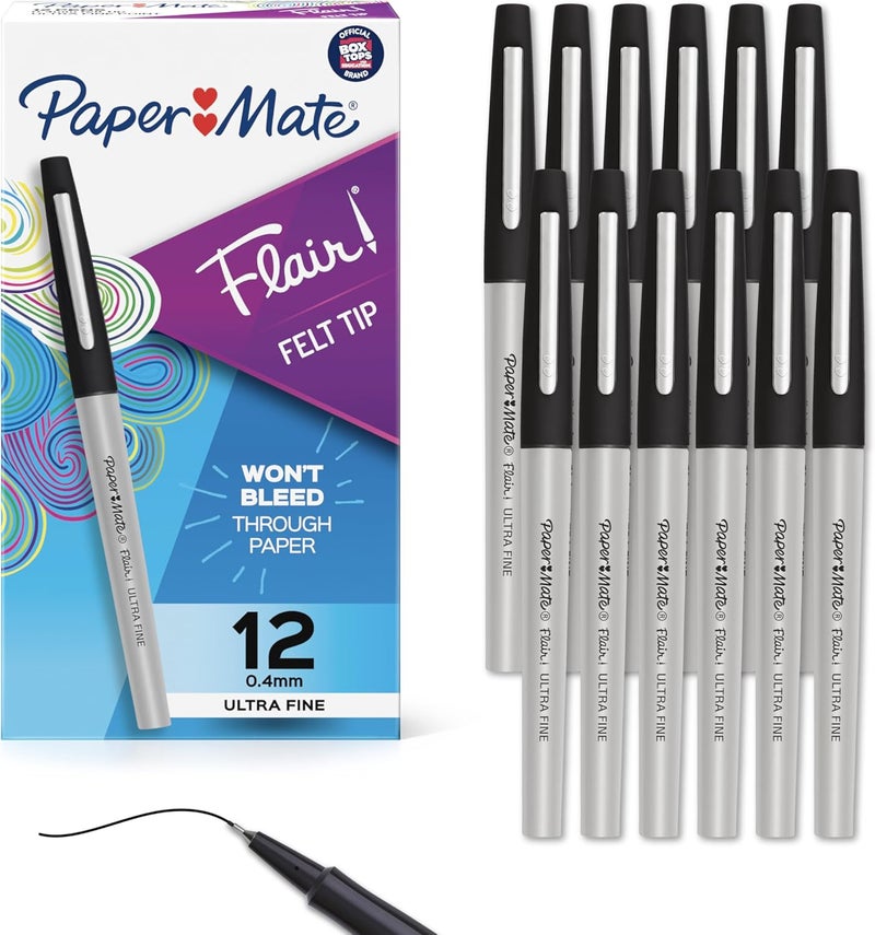 Paper Mate Flair Felt Tip Pens, Ultra Fine Point (0.4mm), Black, 12 Count - Image 1