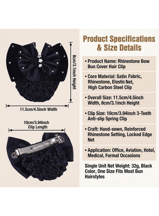 Natuworld 1PCS Black Rhinestone Satin Bow Barrette Bowknot Snood Net Barrette Hair Clip Bun Cover Hairnet Bowknot Decor French Hair Clip Women Girls Hair Accessories - Image 2