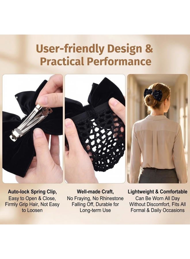 Natuworld 1PCS Black Rhinestone Satin Bow Barrette Bowknot Snood Net Barrette Hair Clip Bun Cover Hairnet Bowknot Decor French Hair Clip Women Girls Hair Accessories - Image 5