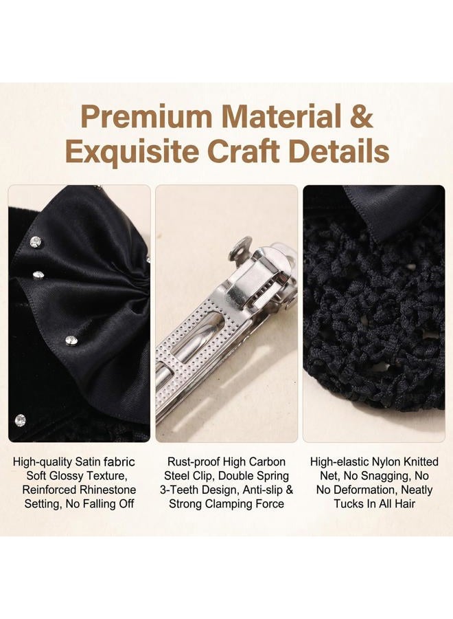 Natuworld 1PCS Black Rhinestone Satin Bow Barrette Bowknot Snood Net Barrette Hair Clip Bun Cover Hairnet Bowknot Decor French Hair Clip Women Girls Hair Accessories - Image 4