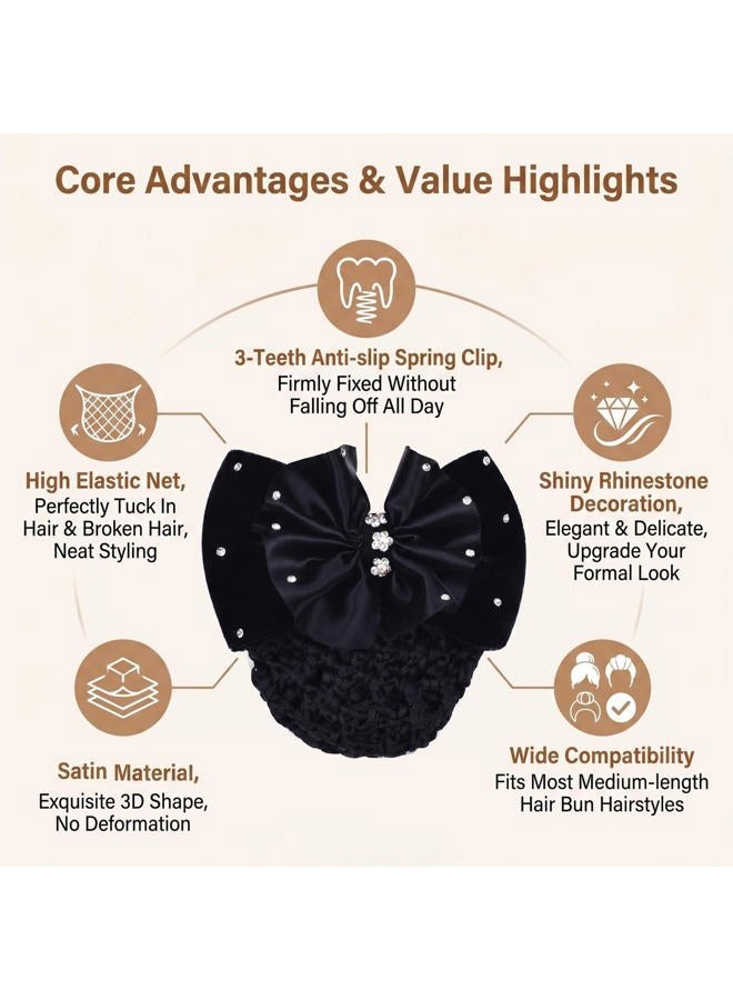 Natuworld 1PCS Black Rhinestone Satin Bow Barrette Bowknot Snood Net Barrette Hair Clip Bun Cover Hairnet Bowknot Decor French Hair Clip Women Girls Hair Accessories - Image 3