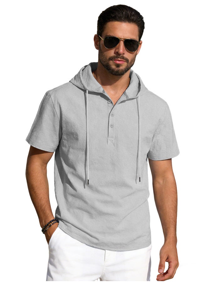 American-style Men's Summer Cotton-linen Short-sleeved Hooded Solid Color Casual Breathable Loose European Size T-shirt Men