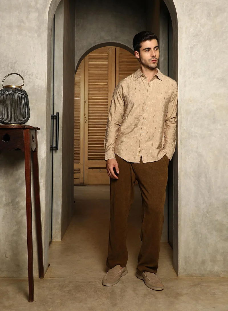 كامبوس سوترا Men's Khaki Beige Wicker-Tactile Shirt