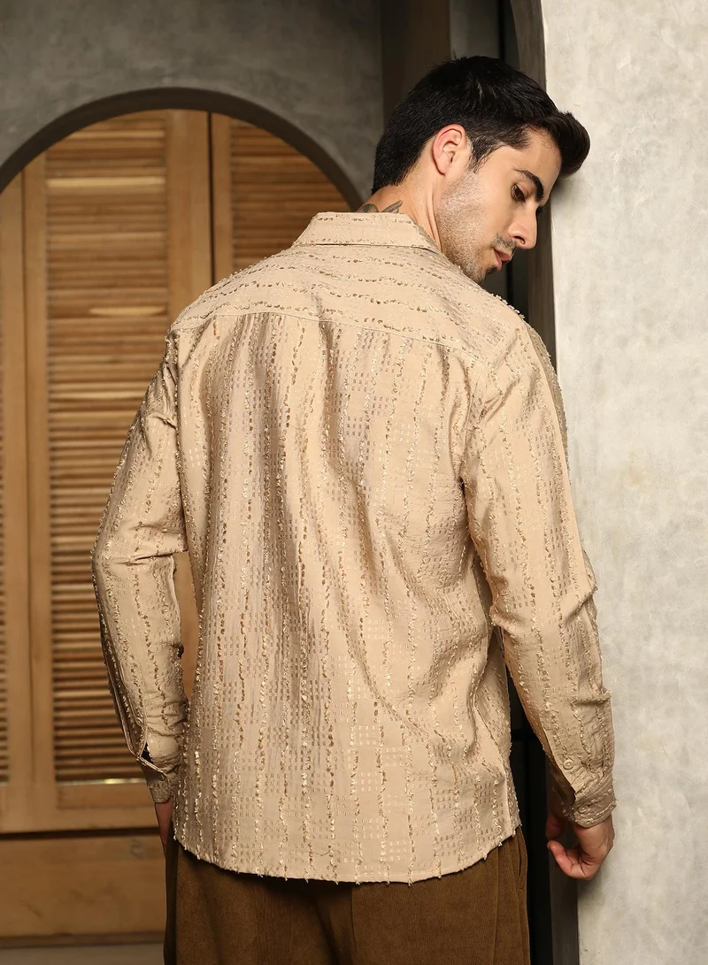 كامبوس سوترا Men's Khaki Beige Wicker-Tactile Shirt