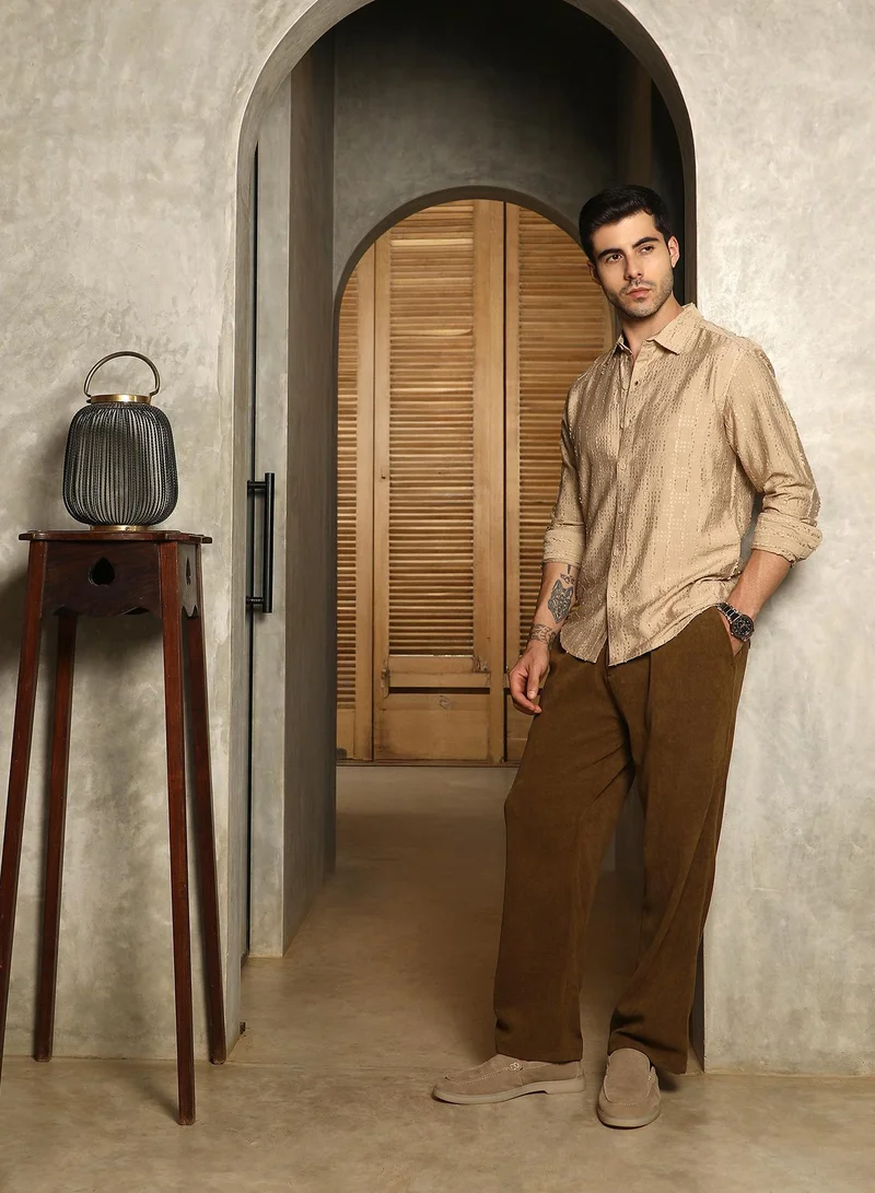 كامبوس سوترا Men's Khaki Beige Wicker-Tactile Shirt