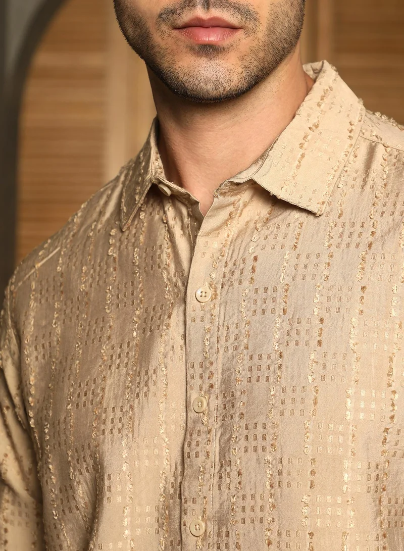 كامبوس سوترا Men's Khaki Beige Wicker-Tactile Shirt