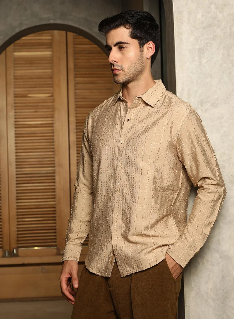 كامبوس سوترا Men's Khaki Beige Wicker-Tactile Shirt