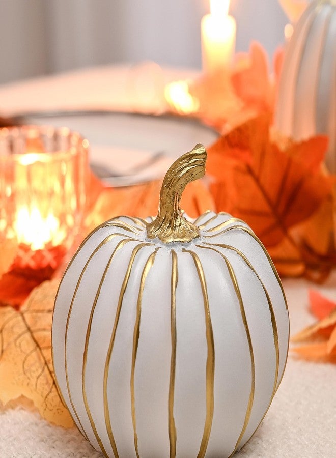 FESTGLOX Fall Pumpkin Decor, 2 PCS Resin Thanksgiving Fake Pumpkin Figurines, White and Gold Pumpkins for Decorating, Fall Decorations for Home, Farmhouse, Harvest Table Centerpiece - Image 3