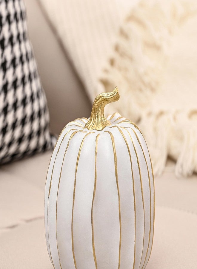 FESTGLOX Fall Pumpkin Decor, 2 PCS Resin Thanksgiving Fake Pumpkin Figurines, White and Gold Pumpkins for Decorating, Fall Decorations for Home, Farmhouse, Harvest Table Centerpiece - Image 5