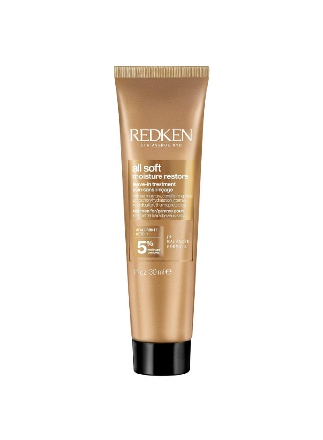 Redken All Soft Moisture Restore Leave-In Treatment | Hyaluronic Acid Primer| Hair Treatment for Dry and Brittle Hair | Humidity, Heat and Frizz Protection | For Soft and Smooth Hair | 1.0 Fl Oz - Image 1