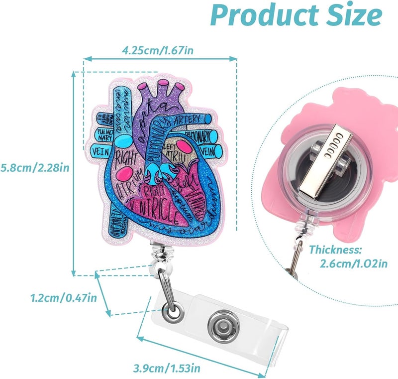 Dimeho Cardiac Badge Holder Heart Retractable Reel ID Card Clip Anatomy Funny Nurse Name Tag Holder Pediatrics Nursing Badge Alligator Clips for Doctor Student Teacher Medical Assistant (Blue Purple) One piece build - Image 2
