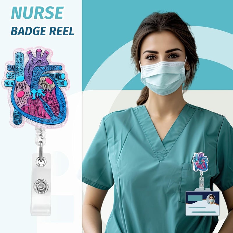 Dimeho Cardiac Badge Holder Heart Retractable Reel ID Card Clip Anatomy Funny Nurse Name Tag Holder Pediatrics Nursing Badge Alligator Clips for Doctor Student Teacher Medical Assistant (Blue Purple) One piece build - Image 3