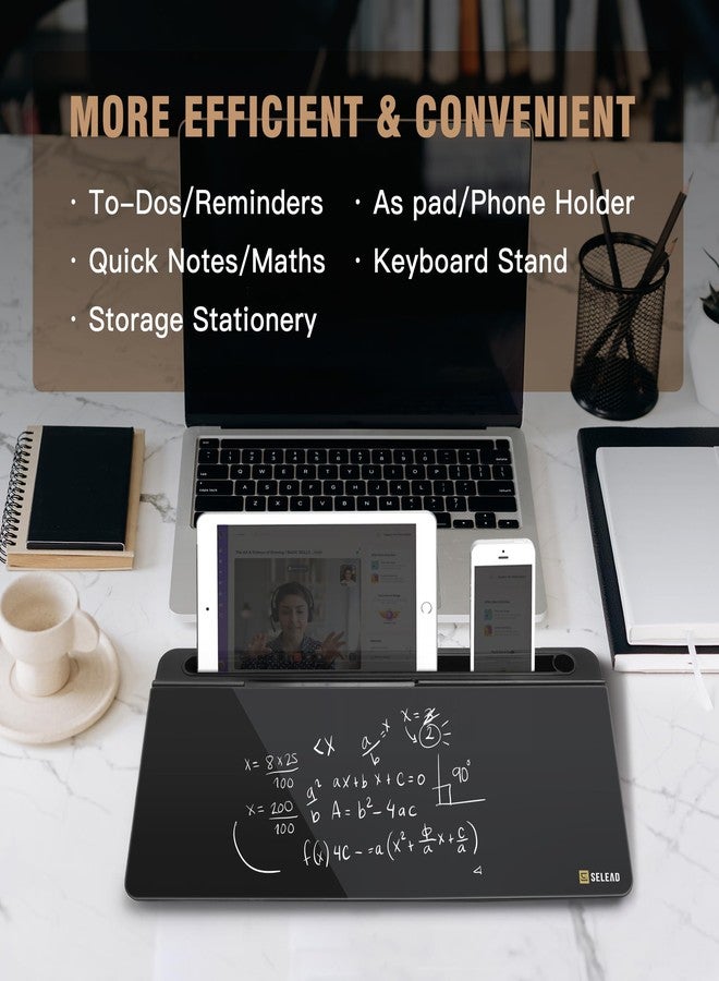 SELEAD Desktop Glass Whiteboard with Organizer, Markers, Eraser - Dry Erase Board Computer Pad Keyboard Stand with Drawer and Holder for Home, School, Office - Black - Image 2