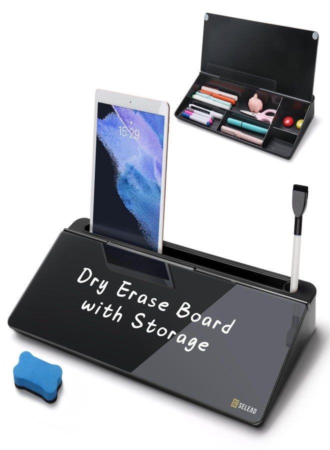 SELEAD Desktop Glass Whiteboard with Organizer, Markers, Eraser - Dry Erase Board Computer Pad Keyboard Stand with Drawer and Holder for Home, School, Office - Black - Image 1