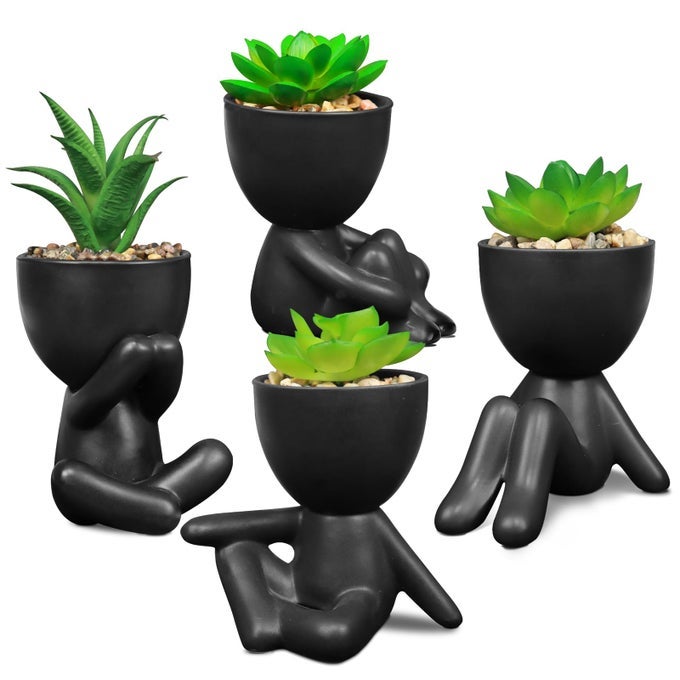 PACK OF 4 BLACK CUTE FAKE PLANTS ARTIFICIAL SUCCULENT PLANTS WITH CREATIVE HUMAN SHAPED POTSMINI POTTED DESK PLANTS FOR OFFICE BATHROOM SHELF CUBICLE HOME DECOR MATTE BLACK