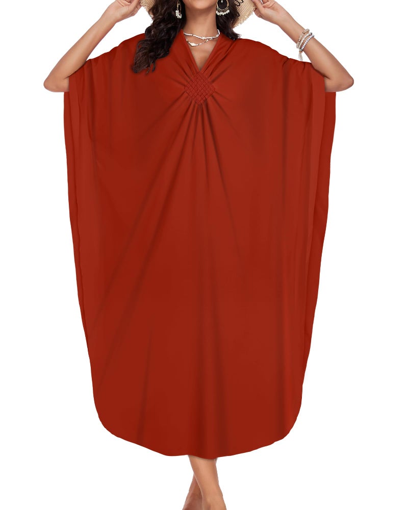 JILUVIN Kaftan Dresses for Women Plus Size V Neck Caftans Long Batwing Sleeve Beach Cover Ups Summer Floral Print Dress 2026 (Burnt Orange,One Size) - Image 5