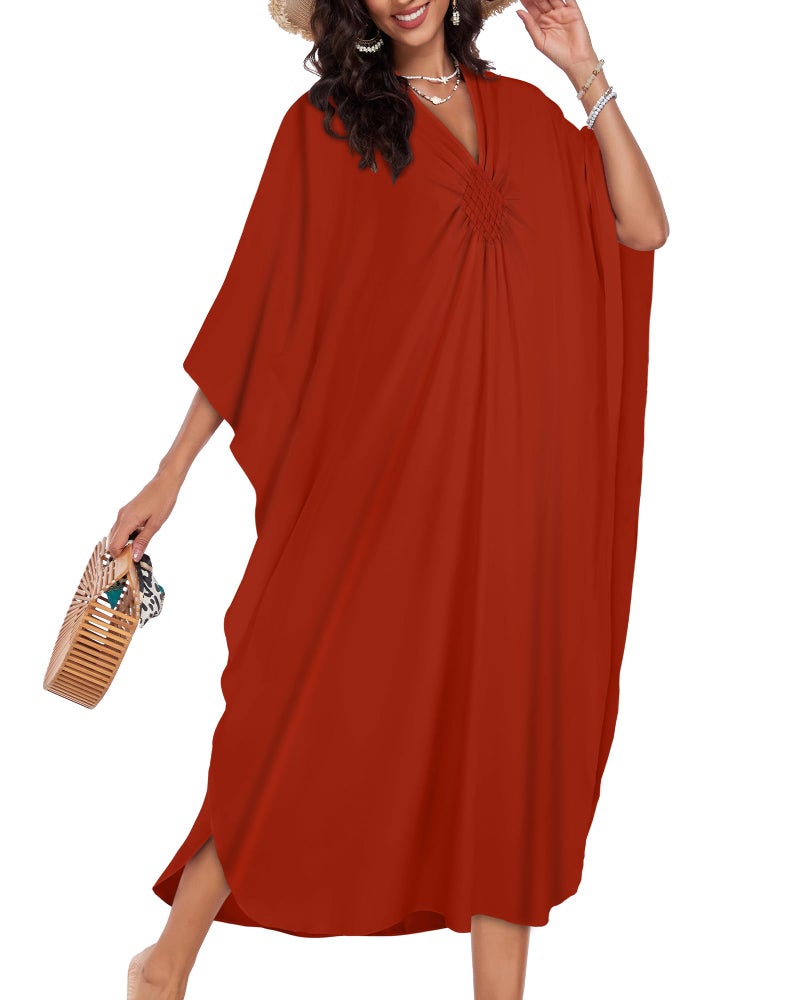 JILUVIN Kaftan Dresses for Women Plus Size V Neck Caftans Long Batwing Sleeve Beach Cover Ups Summer Floral Print Dress 2026 (Burnt Orange,One Size) - Image 2