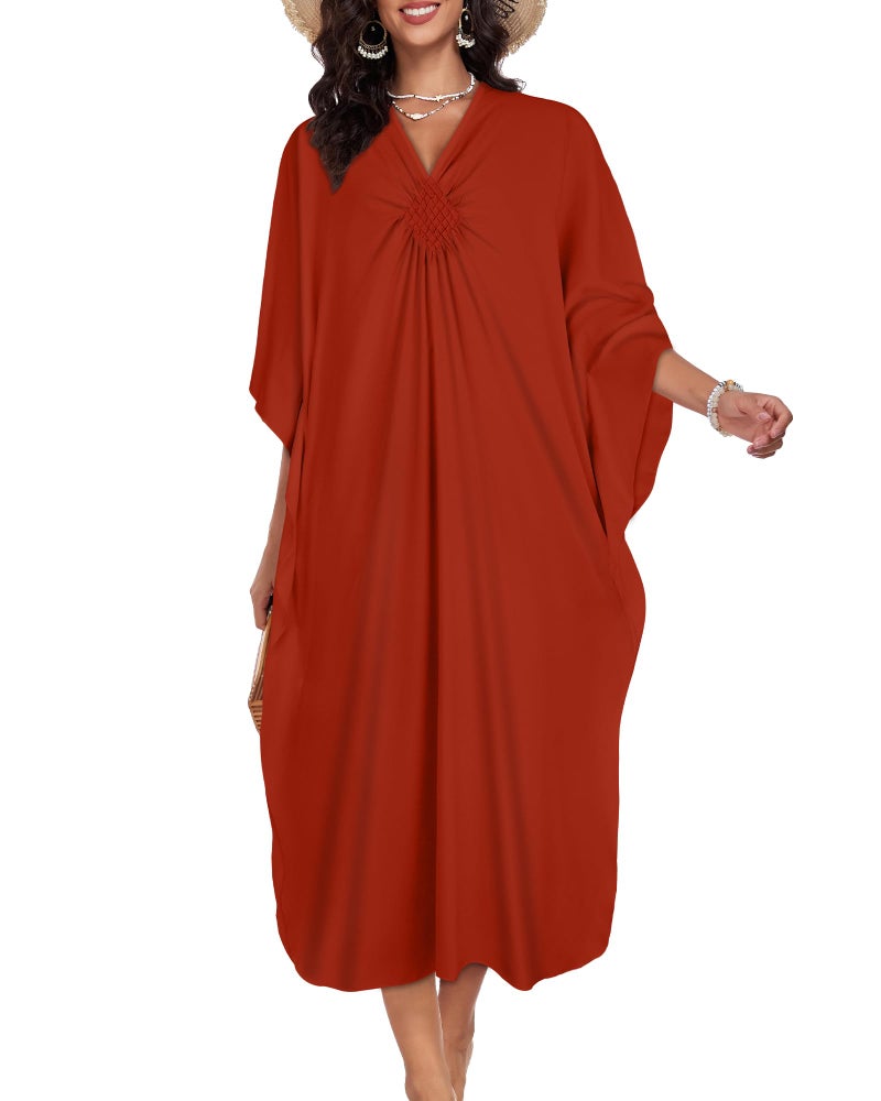 JILUVIN Kaftan Dresses for Women Plus Size V Neck Caftans Long Batwing Sleeve Beach Cover Ups Summer Floral Print Dress 2026 (Burnt Orange,One Size) - Image 4