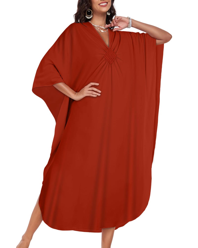JILUVIN Kaftan Dresses for Women Plus Size V Neck Caftans Long Batwing Sleeve Beach Cover Ups Summer Floral Print Dress 2026 (Burnt Orange,One Size) - Image 3