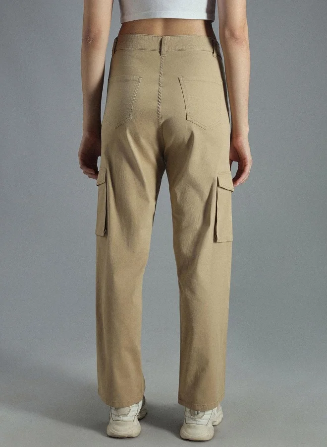 HIGH STAR Women's Khaki Cotton Blend Solid Pattern Full Length Cargo Relaxed Trouser