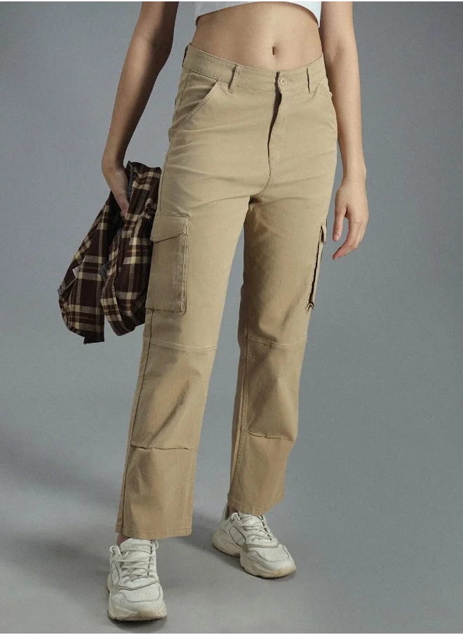 HIGH STAR Women's Khaki Cotton Blend Solid Pattern Full Length Cargo Relaxed Trouser