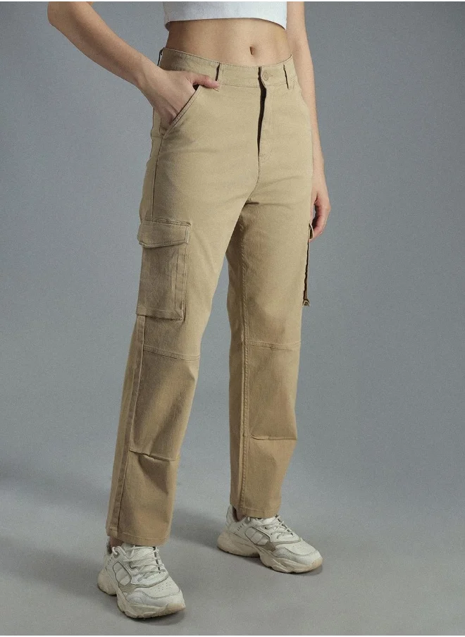 HIGH STAR Women's Khaki Cotton Blend Solid Pattern Full Length Cargo Relaxed Trouser