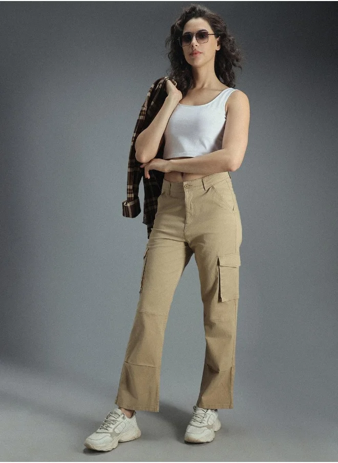 HIGH STAR Women's Khaki Cotton Blend Solid Pattern Full Length Cargo Relaxed Trouser