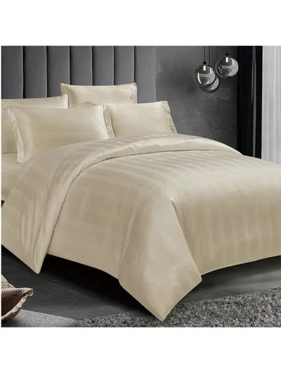 Donetella 7 Piece King Size Italian Jacquard Luxurious Hotel Style Comforter Variegated Stripes with Removable Filler Beige