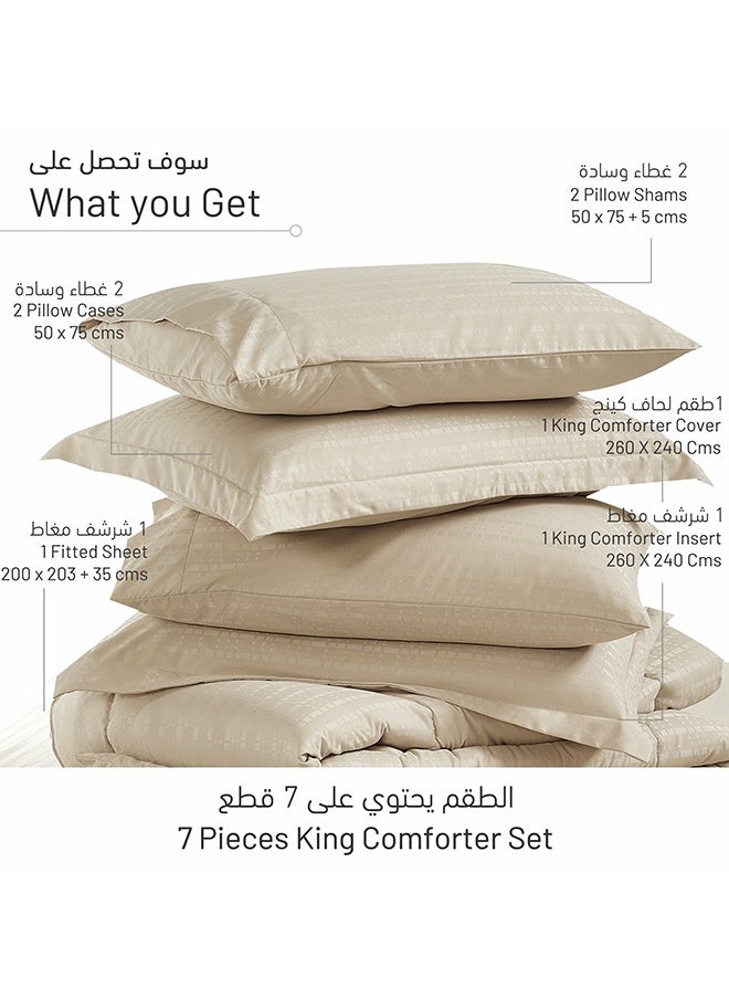Donetella 7 Piece King Size Italian Jacquard Luxurious Hotel Style Comforter Variegated Stripes with Removable Filler Beige  - Image 3