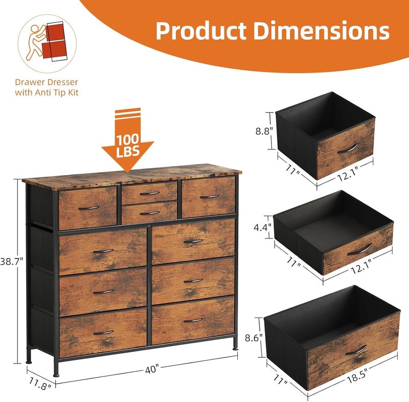 بنتيفار خزانة بينتيفار قماشية لغرفة النوم مع 10 أدراج، صندوق أدراج مع جيوب جانبية، هيكل معدني، سطح خشبي، وحدة تنظيم أدراج لغرفة المعيشة، الخزانة، الممر، 100 * 30 * 90 سم (بني ريفي) - Image 3
