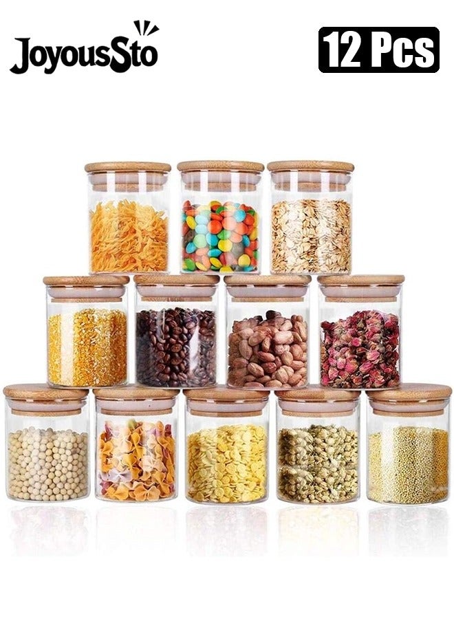 JoyousSto Glass Jars Set,Upgrade Spice Jars with Wood Airtight Lids and Labels, 6oz/200ml 12 Piece Small Food Storage Containers for Home Kitchen, Tea, Herbs, Sugar, Salt, Coffee, Flour, Herbs, Grains - Image 1