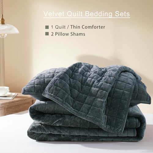 LEAONME Velvet Quilt Oversized California King-120''x120'', Lightweight Navy Blue Velvet Comforter Set with 2 Pillow Shams, Oversized Bedspread Coverlet Quilted Bedding Set for All Season - Image 5