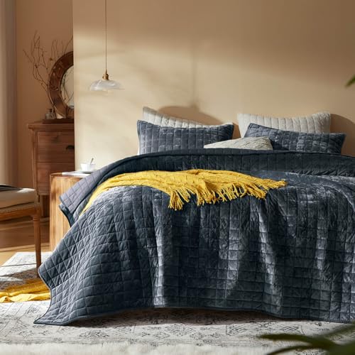 LEAONME Velvet Quilt Oversized California King-120''x120'', Lightweight Navy Blue Velvet Comforter Set with 2 Pillow Shams, Oversized Bedspread Coverlet Quilted Bedding Set for All Season - Image 1