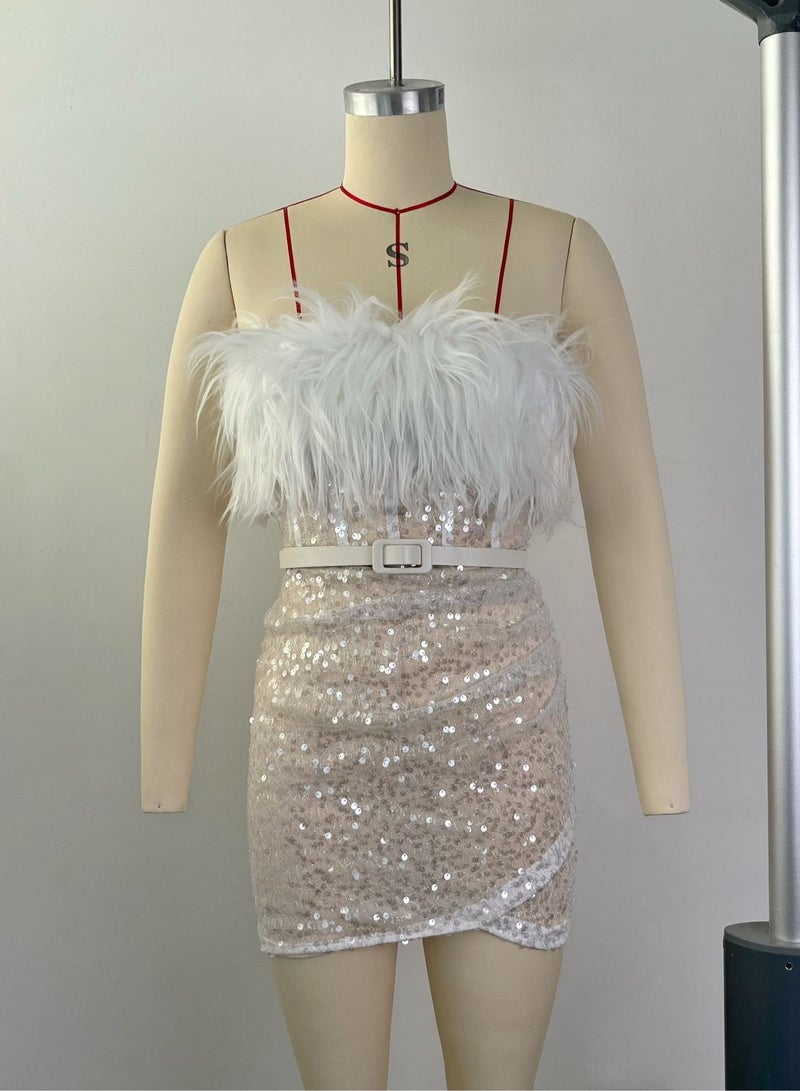 High-Waisted Sequin Dress One-Shoulder Feather Dress - Image 4