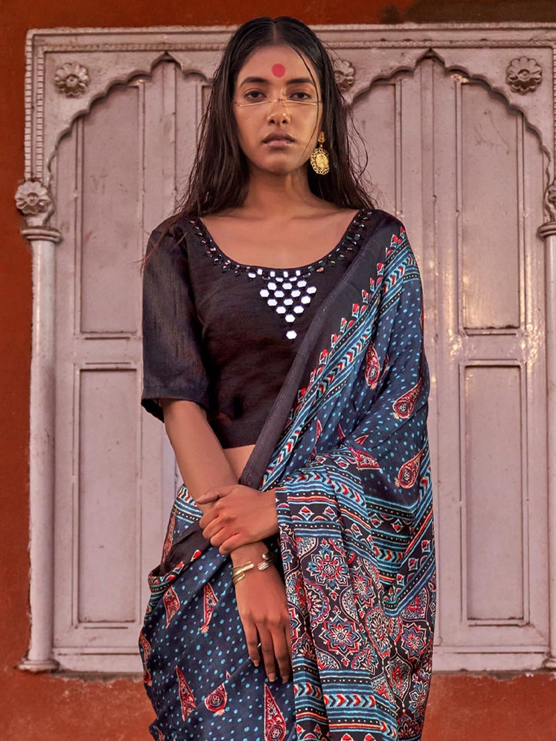 SAREE MALL Women's Navy Blue Viscose Silk Ajrak Printed Saree With Unstitched Blouse (JOGAN107_HS) - Image 4