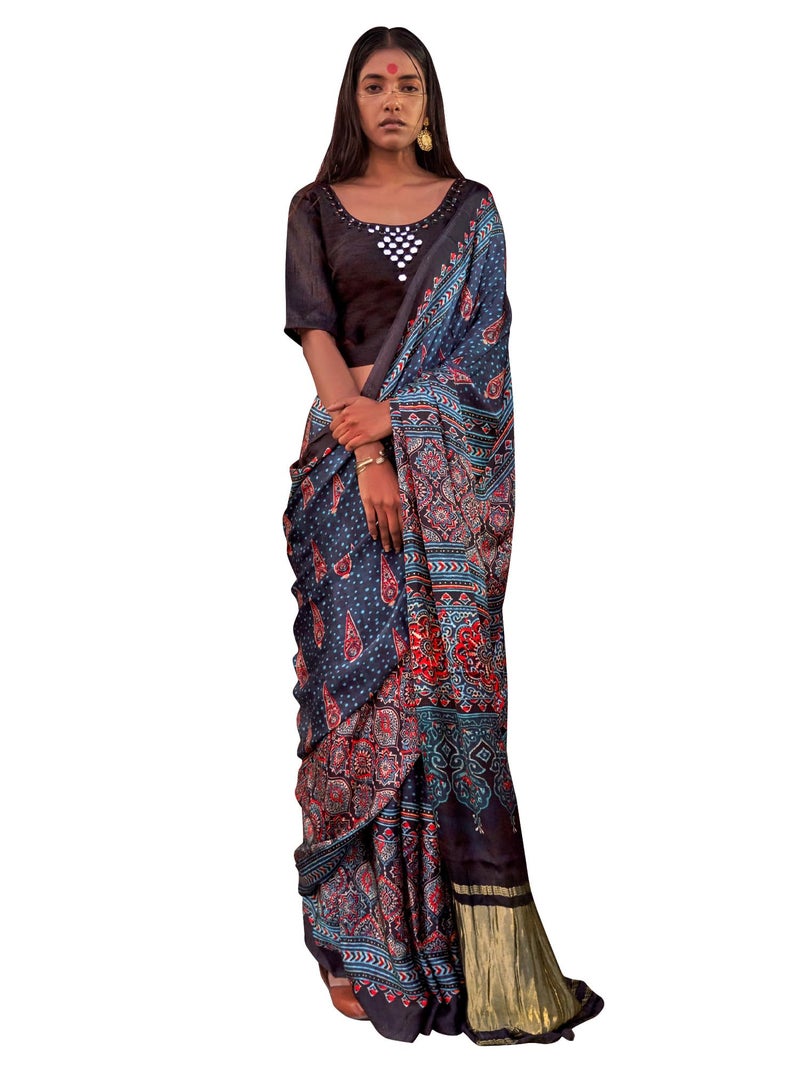 SAREE MALL Women's Navy Blue Viscose Silk Ajrak Printed Saree With Unstitched Blouse (JOGAN107_HS) - Image 1