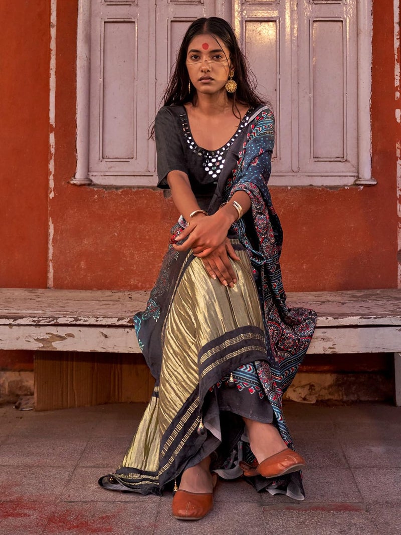 SAREE MALL Women's Navy Blue Viscose Silk Ajrak Printed Saree With Unstitched Blouse (JOGAN107_HS) - Image 2