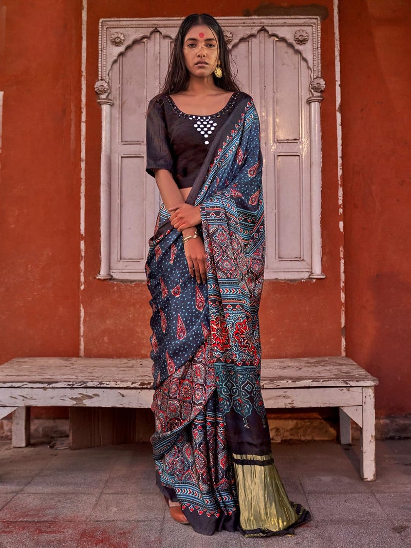 SAREE MALL Women's Navy Blue Viscose Silk Ajrak Printed Saree With Unstitched Blouse (JOGAN107_HS) - Image 3