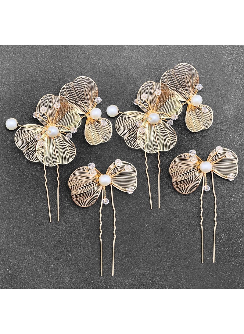 BETITETO BETITETO Gold Bridal Hair Pins 4pcs Wedding Pearl Metal Flower Hair Pieces Accessories for Women Girls 