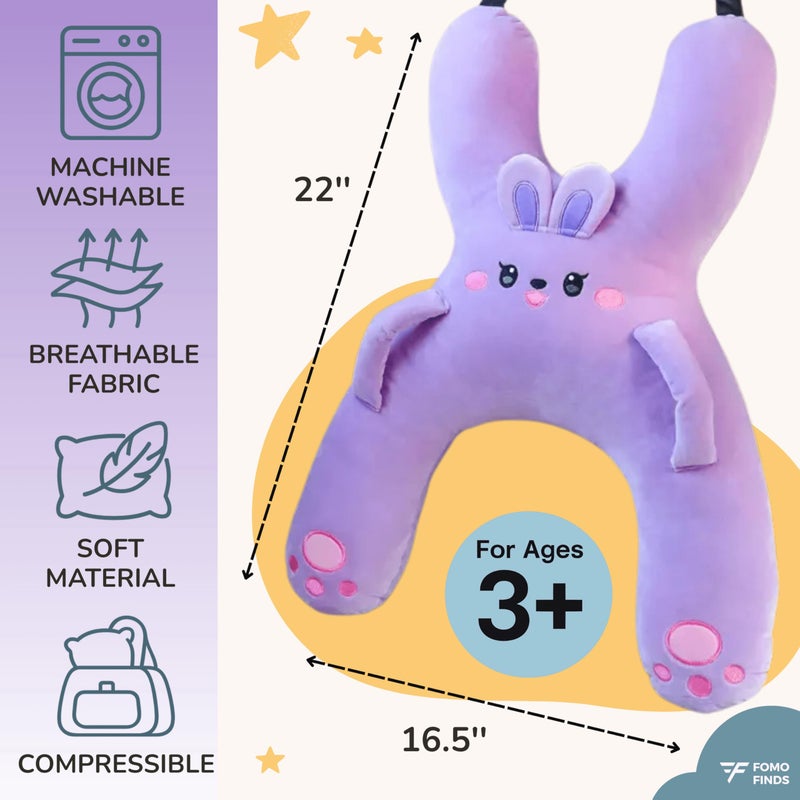 FOMO Finds Kids Car Sleeping Pillow - X-Shaped Plush Animal for Neck & Back Support - Hands & Seat Belt Slot - Machine Washable & Compressible - Perfect for Car, Plane, Train, Boat & More - Purple - Image 2