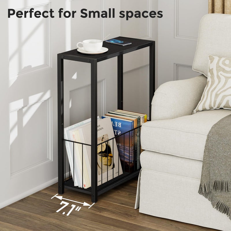 Homleke Narrow Side Table with Magazine Holder, Skinny End Table Perfect for Small Spaces, Space-Saving Design for Living Room, Bedroom, or Office, 7.1" D x 16.9" W x 23.6" H, Black - Image 4