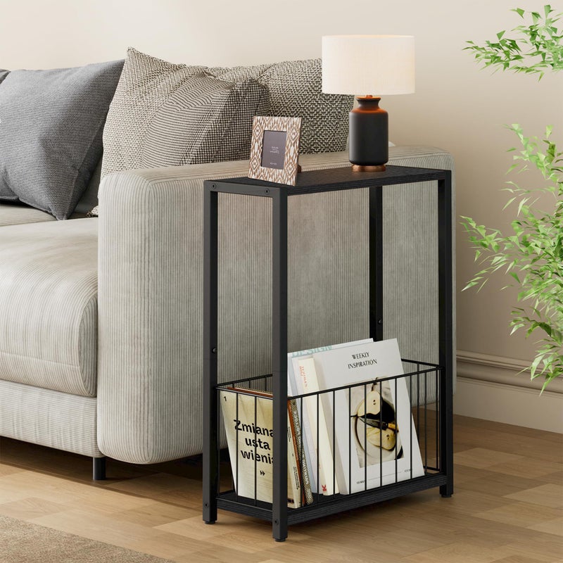 Homleke Narrow Side Table with Magazine Holder, Skinny End Table Perfect for Small Spaces, Space-Saving Design for Living Room, Bedroom, or Office, 7.1" D x 16.9" W x 23.6" H, Black - Image 2